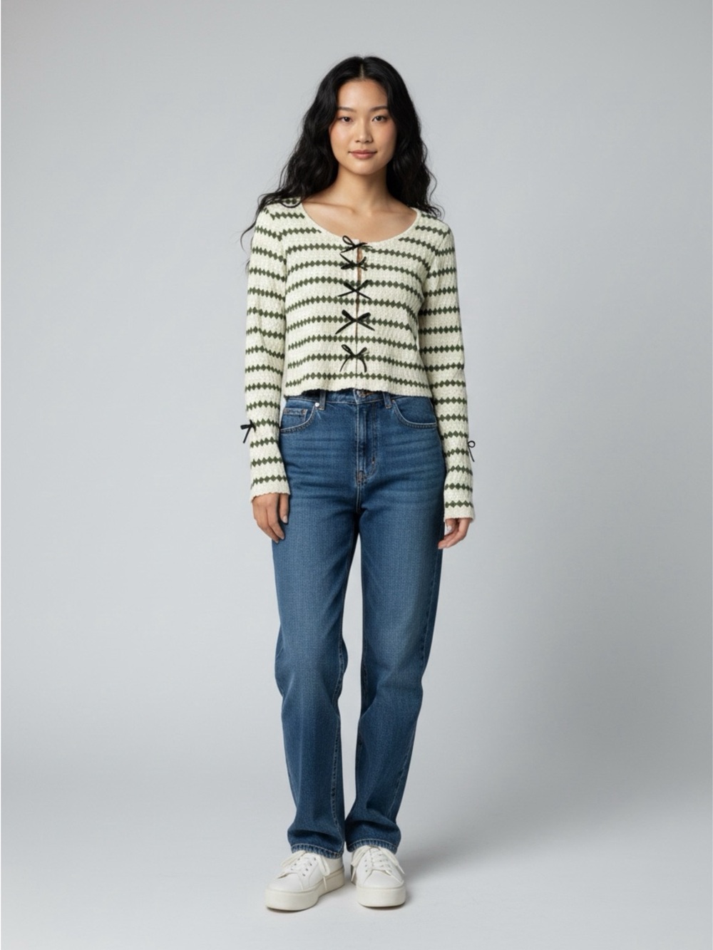 Striped Bow Long Sleeve Open Front Cardigan (S)